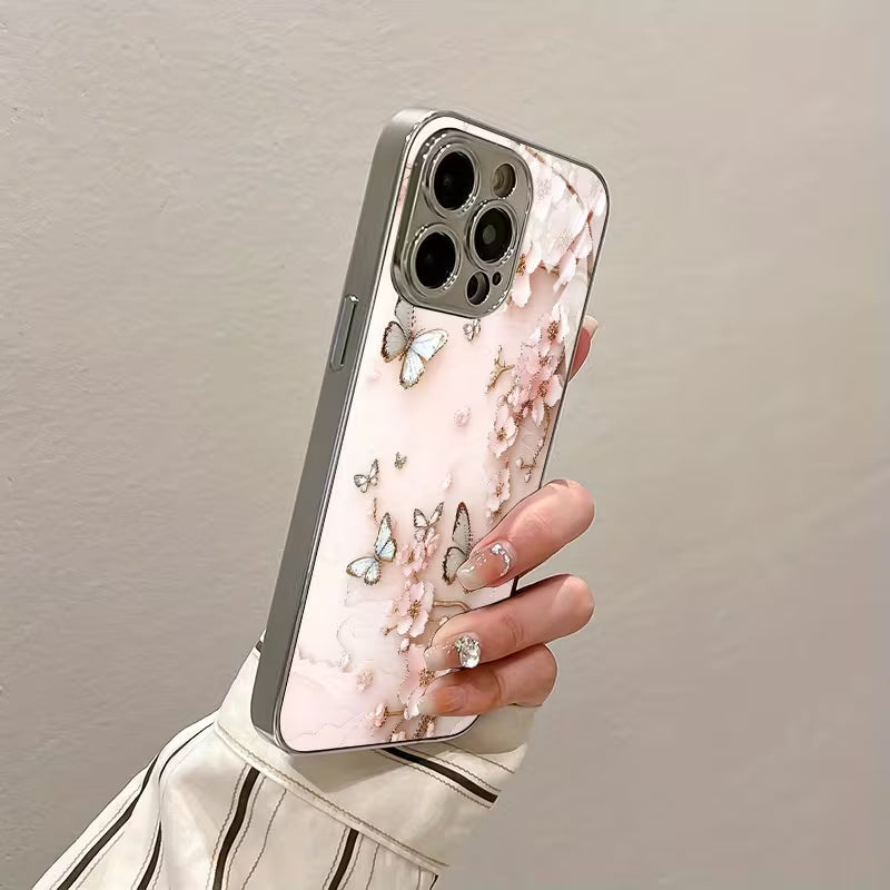 Premium Butterfly Floral Pattern Glass Case