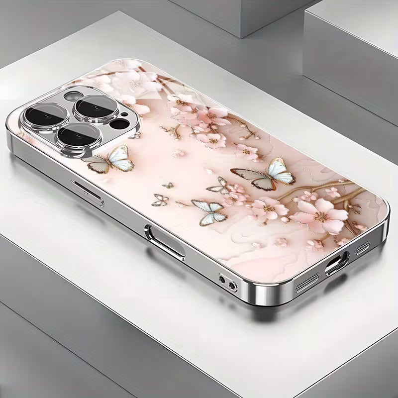 Premium Butterfly Floral Pattern Glass Case